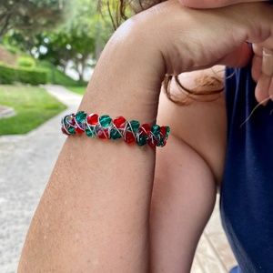 Red and green Faceted Beaded Open Bangle